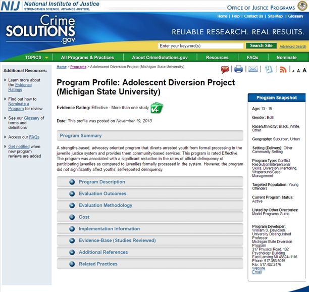 Adolescent Diversion Project (Michigan State University) PSP